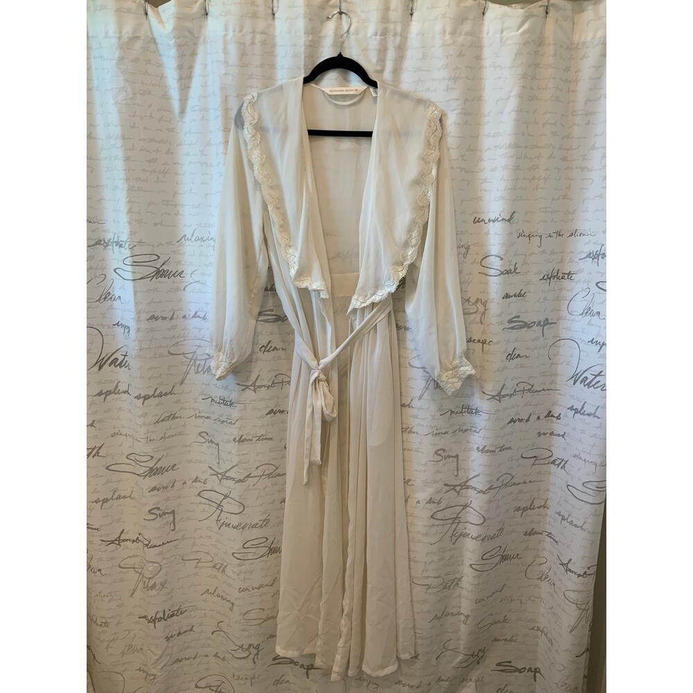 Vintage Victoria's Secret Gold Label Cream Sheer Lace Trim Robe M/L Coquette Y2K